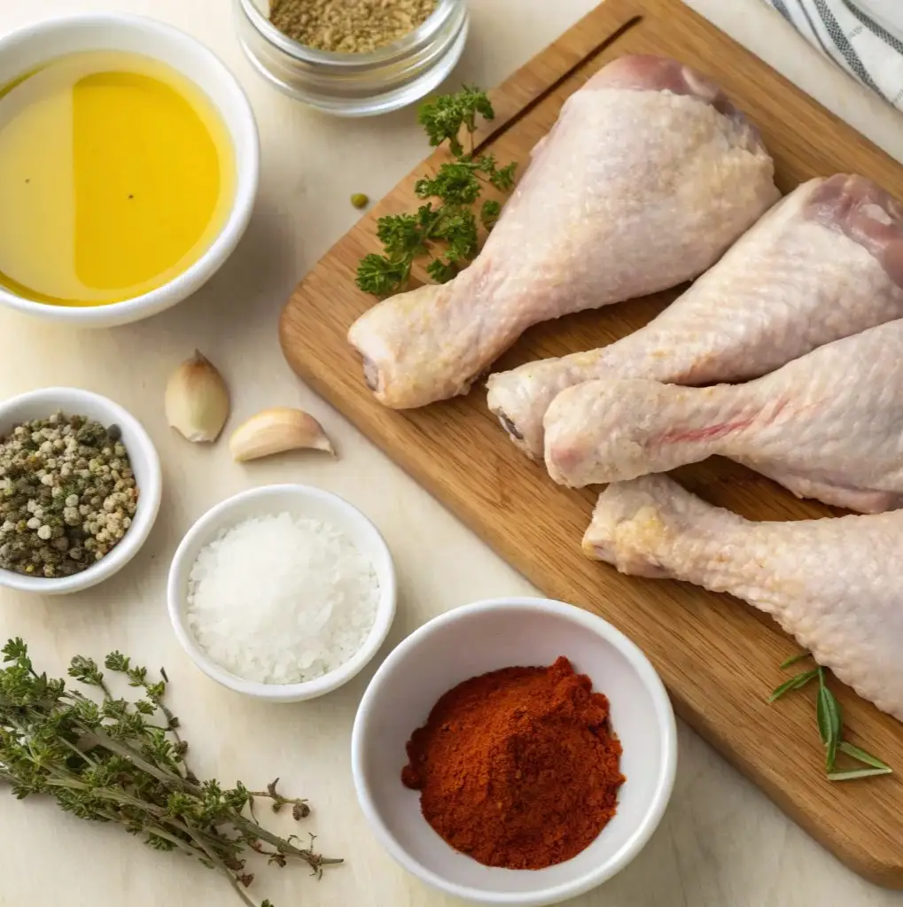 An overhead shot shows four raw turkey drumsticks on a wooden cutting board, surrounded by bowls of ingredients. A bowl of olive oil, a small jar of herbs, and two cloves of garlic are visible, along with bowls of coarse salt, green peppercorns, and paprika. Fresh herbs like thyme and parsley are also on the counter.