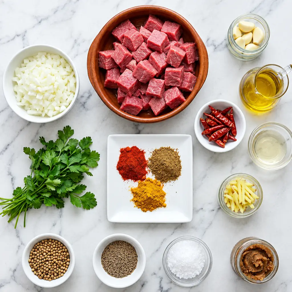 lamb vindaloo ingredients: raw cubed lamb, chopped onions, cilantro, garlic, ginger, oil, vinegar, tamarind paste, whole chilis, whole spices, and ground spice powders.