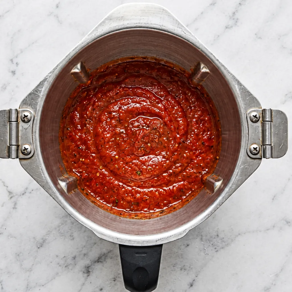 A top-down view of smooth, bright red vindaloo spice paste freshly blended inside a metal blender container on a marble countertop.