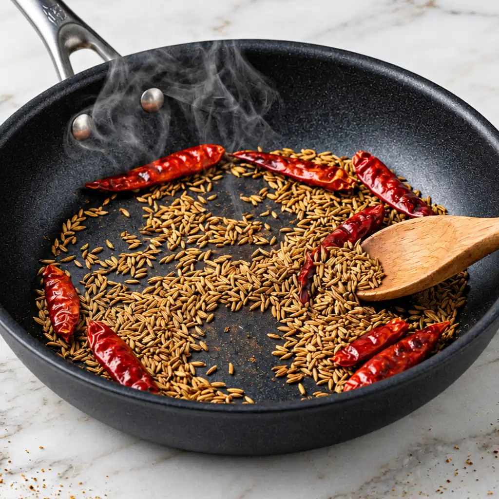 Whole cumin seeds and dried red chilies steaming in a black skillet being stirred with a wooden spoon for lamb vindaloo paste.