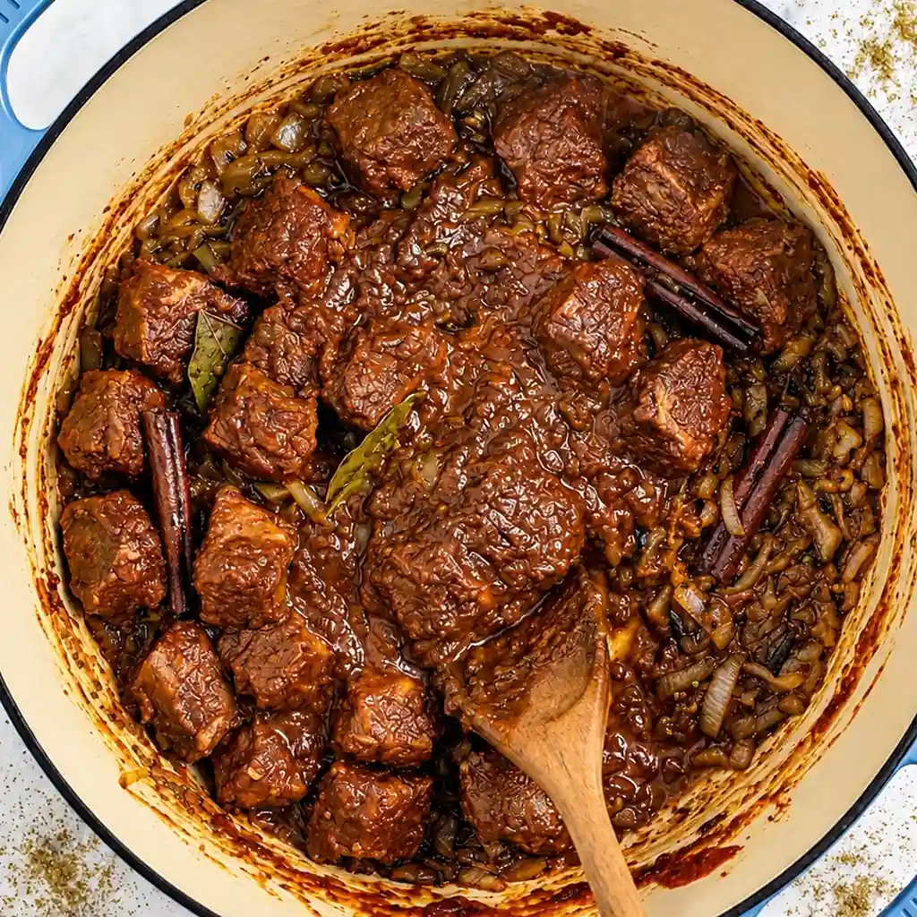 Chunks of lamb searing with vindaloo spice paste, cinnamon sticks, bay leaves, and sauteed onions in a Dutch oven, stirred using a wooden spoon