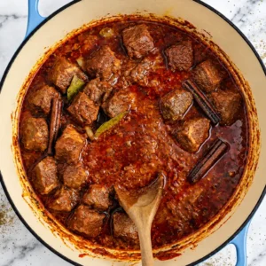Tender chunks of lamb simmering in a deep red, spicy vindaloo gravy with cinnamon sticks and bay leaves inside a blue Dutch oven.