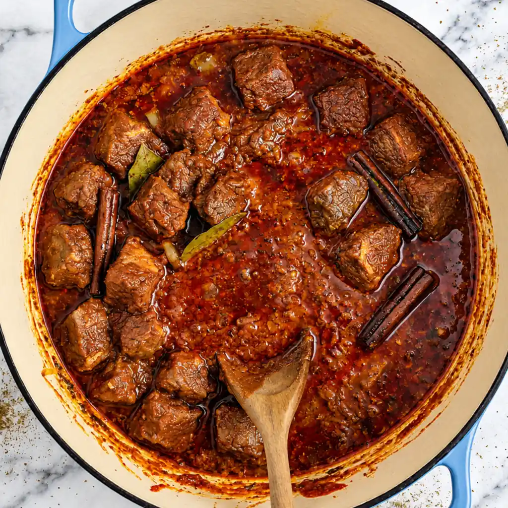 Tender chunks of lamb simmering in a deep red, spicy vindaloo gravy with cinnamon sticks and bay leaves inside a blue Dutch oven.