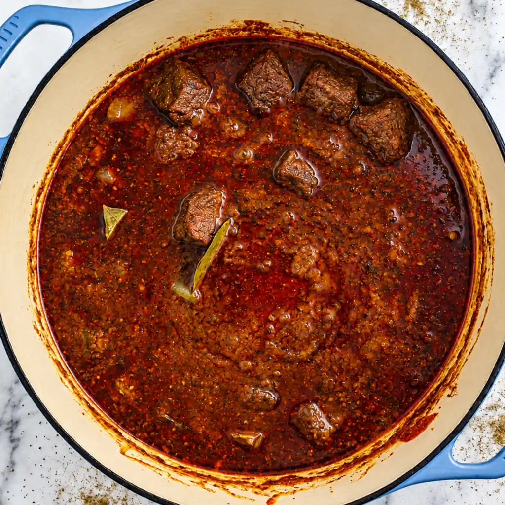 A top-down view of fully cooked lamb vindaloo with tender meat submerged in a rich, dark red spicy curry sauce in a Dutch oven.