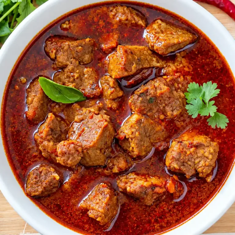 Tender chunks of lamb vindaloo in a rich, spicy red vindaloo curry sauce, garnished with fresh cilantro leaves and served in a white bowl.