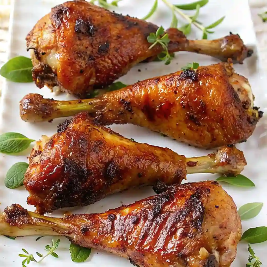 four beautifully roasted turkey drumsticks arranged on a white platter. The skin is a crispy, golden brown with visible herbs and spices. Sprigs of fresh thyme and oregano are scattered artistically around the drumsticks for garnish.