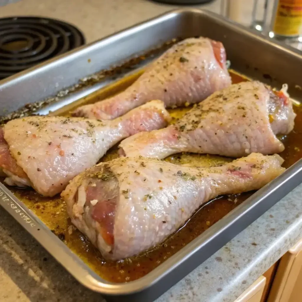 four raw turkey drumsticks arranged in a metal baking pan. The drumsticks are lightly seasoned with herbs and spices and are resting in a pool of golden oil and juices