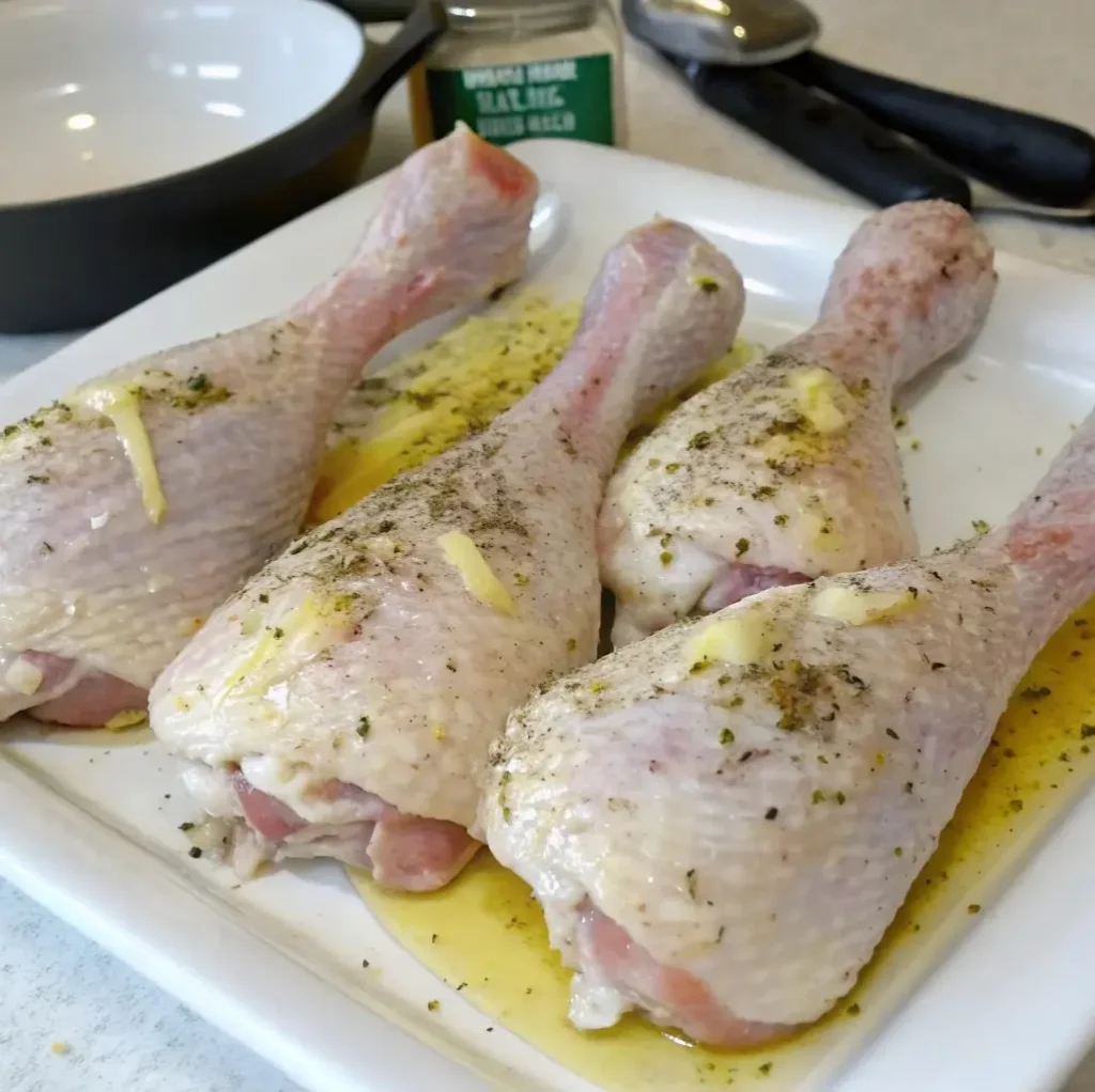 four raw turkey drumsticks marinating in a white ceramic dish. The drumsticks are coated in a mixture of olive oil, herbs, and minced garlic.
