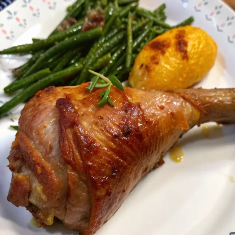 roasted Turkey Drumstick Recipe served on a white plate with a floral pattern. The juicy, golden-brown drumstick is garnished with a sprig of rosemary. It is plated with a side of sautéed green beans and a roasted lemon half, completing a delicious, rustic meal.