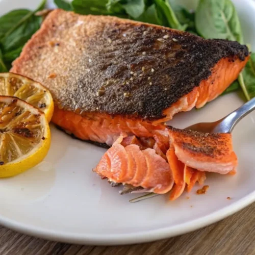 A perfectly cooked Cast Iron Salmon with crispy, dark skin resting on a bed of fresh spinach, served on a white plate with two charred lemon slices and a fork flaking the tender orange flesh.