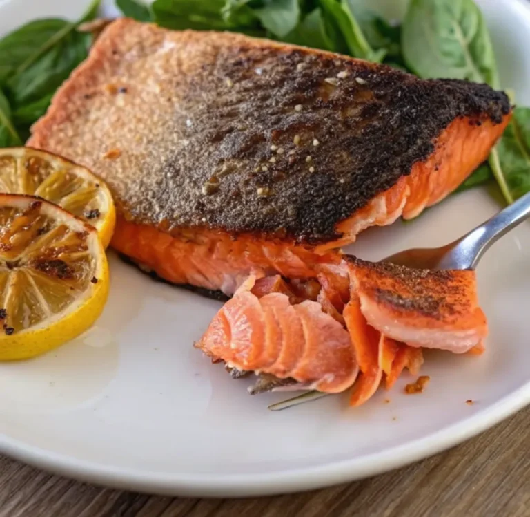 A perfectly cooked Cast Iron Salmon with crispy, dark skin resting on a bed of fresh spinach, served on a white plate with two charred lemon slices and a fork flaking the tender orange flesh.