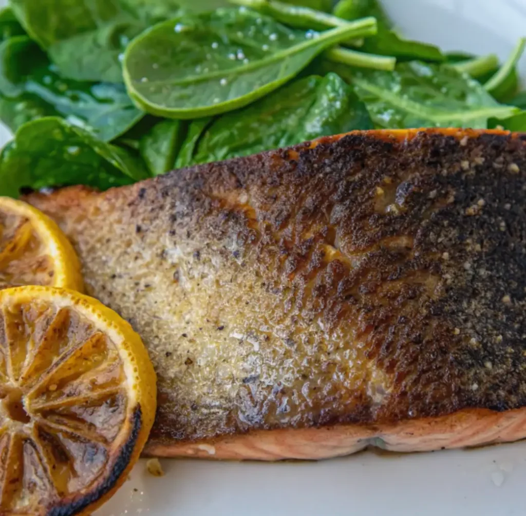 A perfectly cooked salmon fillet with crispy, dark skin resting on a bed of fresh spinach, served on a white plate with two charred lemon slices