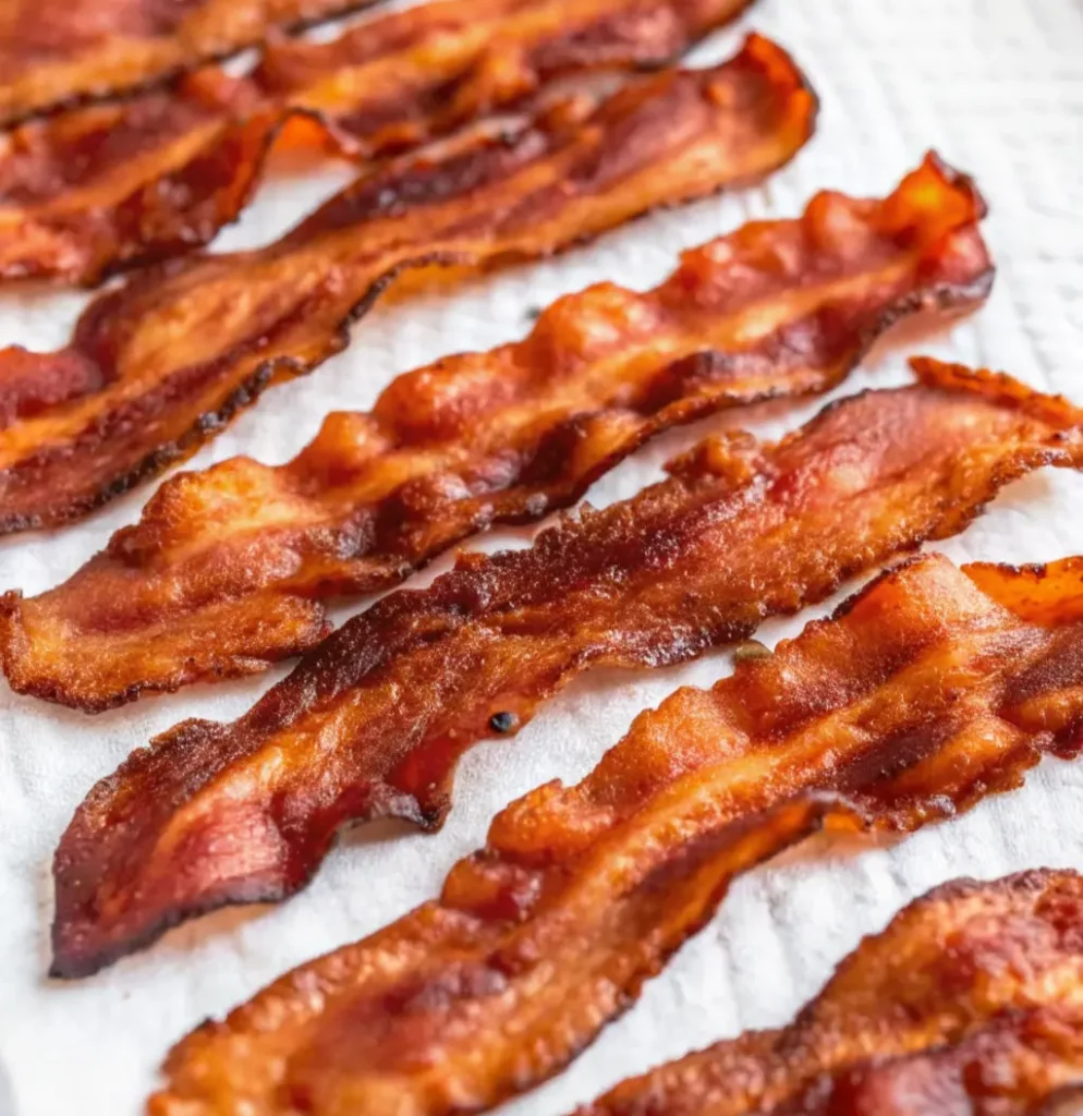 Several strips of crispy, wavy cooked bacon laid out 