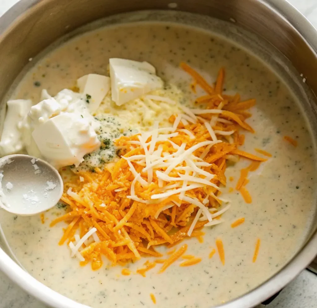 creamy ranch sauce base in a skillet, with large chunks of cream cheese, shredded cheddar, and Monterey Jack cheeses ready to be melted for a rich pasta sauce.