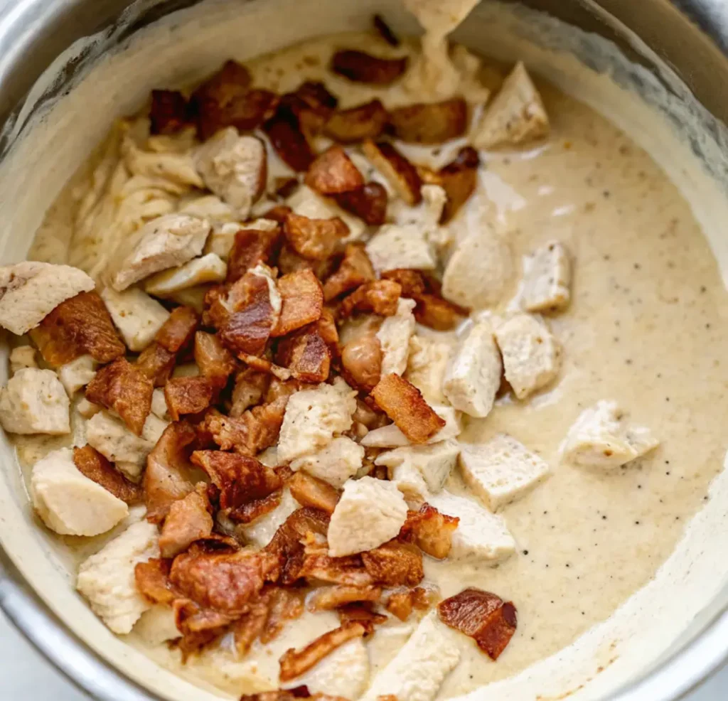 cooked chicken and crumbled crispy bacon have been added to the thick, creamy, seasoned ranch-cheese sauce in a stainless steel skillet, ready to be mixed.