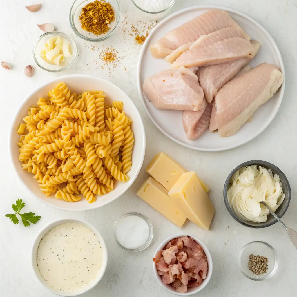 all ingredients for Chicken Bacon Ranch Pasta, including uncooked rotini pasta, raw chicken fillets, ranch dressing, cheeses, bacon, garlic, and various seasonings.