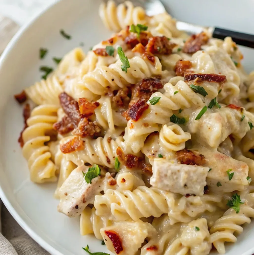 Chicken Bacon Ranch Pasta on a white plate, featuring rotini spirals coated in a creamy sauce, topped with crispy bacon and fresh parsley.