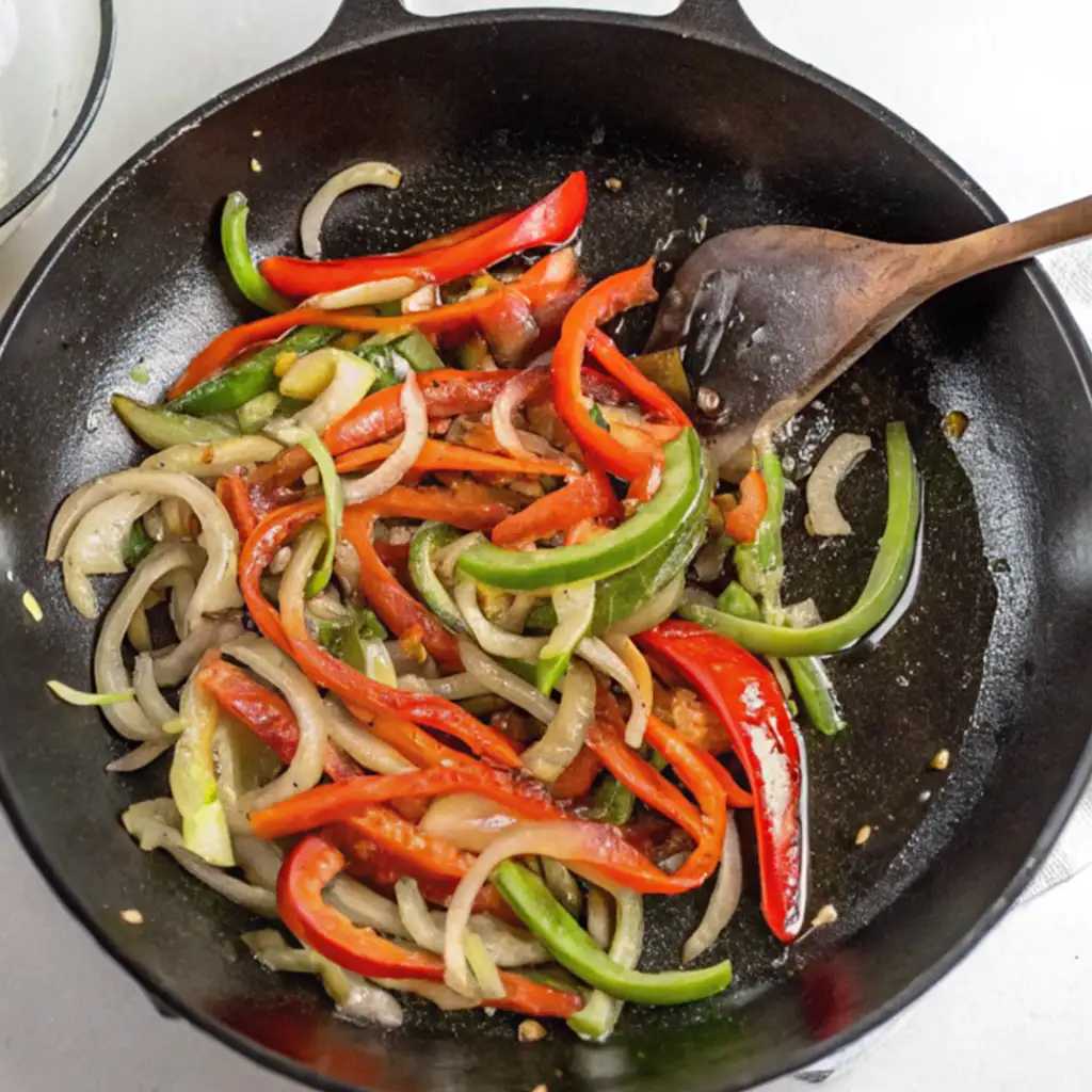 Slice the red and green peppers and onions and fry them in a black cast iron skillet. Use a wooden spoon to stir the vegetables to prepare the Chicken Fillet Cheesesteak sandwich.