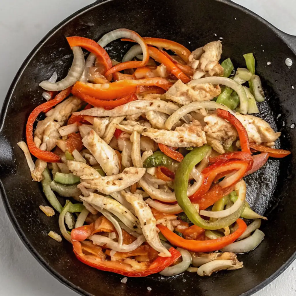 Thinly sliced and seasoned chicken breast is combined with sautéed red and green bell pepper strips and onions in a black cast-iron skillet. The ingredients are mixed and cooked together