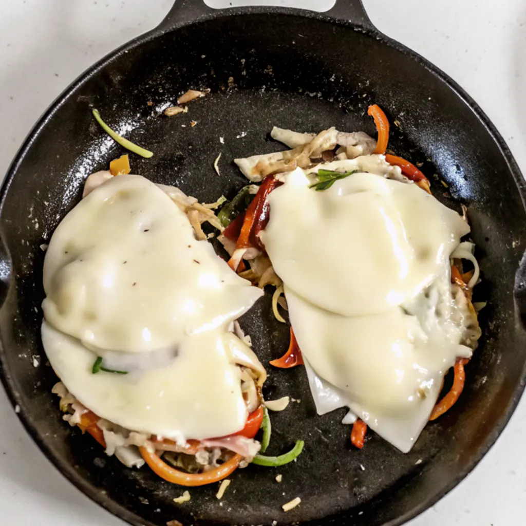Two piles of the chicken, pepper, and onion mixture are topped with melting slices of white cheese in a black cast-iron skillet.