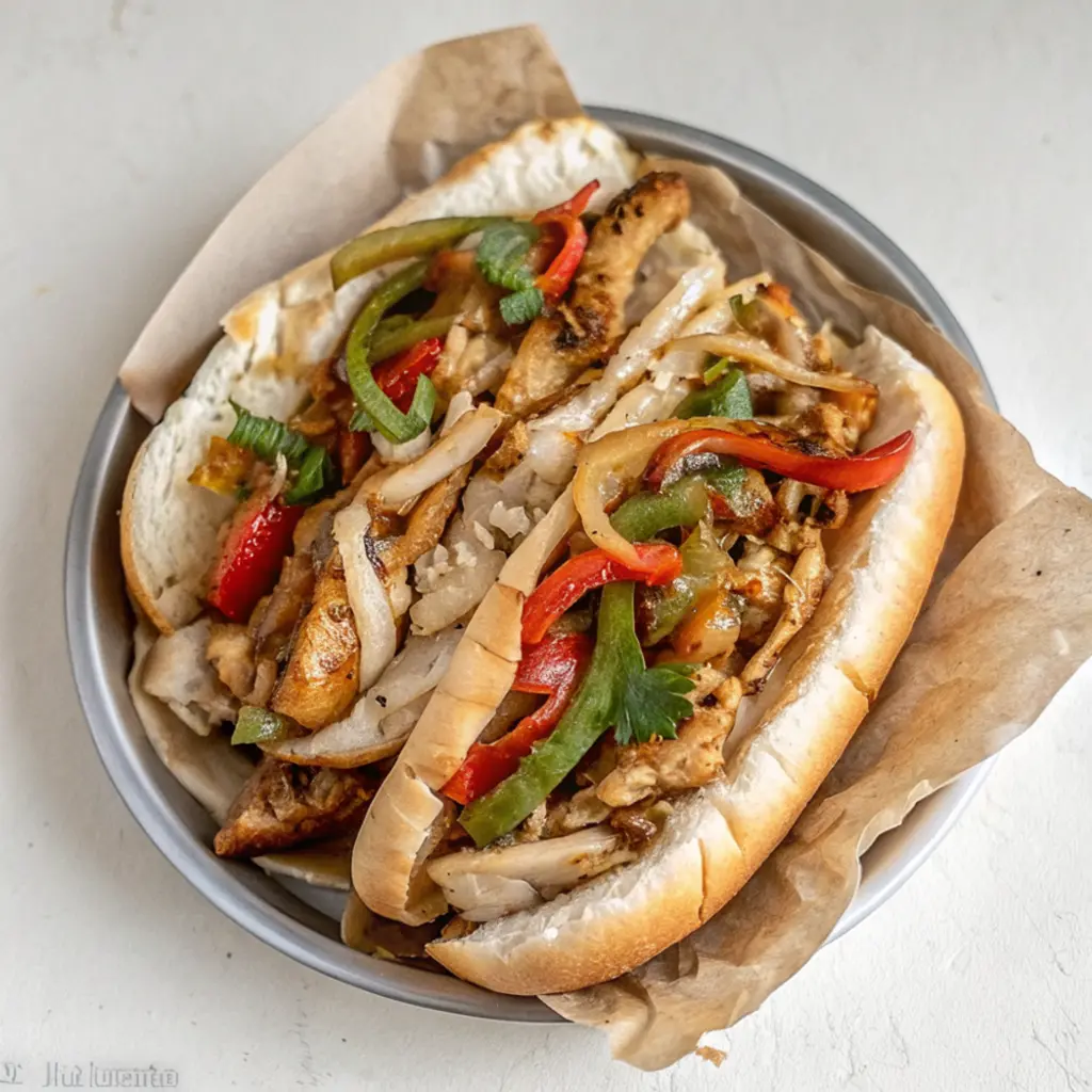 Two finished Chicken Philly Cheesesteaks are presented on a metal plate lined with brown parchment paper. The sandwiches feature a generous filling of chicken, melted cheese, sautéed peppers (red and green), and onions inside toasted hoagie rolls, garnished with cilantro or parsley.
