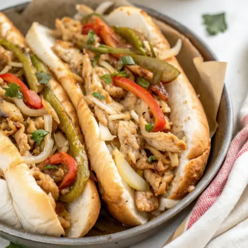 Two finished Chicken Philly Cheesesteak Recipe are presented on a metal plate lined with brown parchment paper. The sandwiches feature a generous filling of chicken, melted cheese, sautéed peppers (red and green), and onions inside toasted hoagie rolls, garnished with cilantro or parsley.