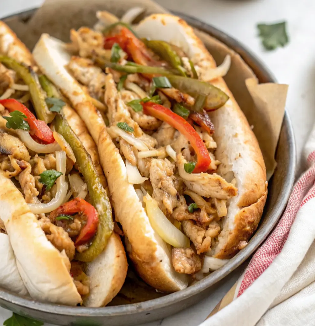 Two finished Chicken Philly Cheesesteak Recipe are presented on a metal plate lined with brown parchment paper. The sandwiches feature a generous filling of chicken, melted cheese, sautéed peppers (red and green), and onions inside toasted hoagie rolls, garnished with cilantro or parsley.