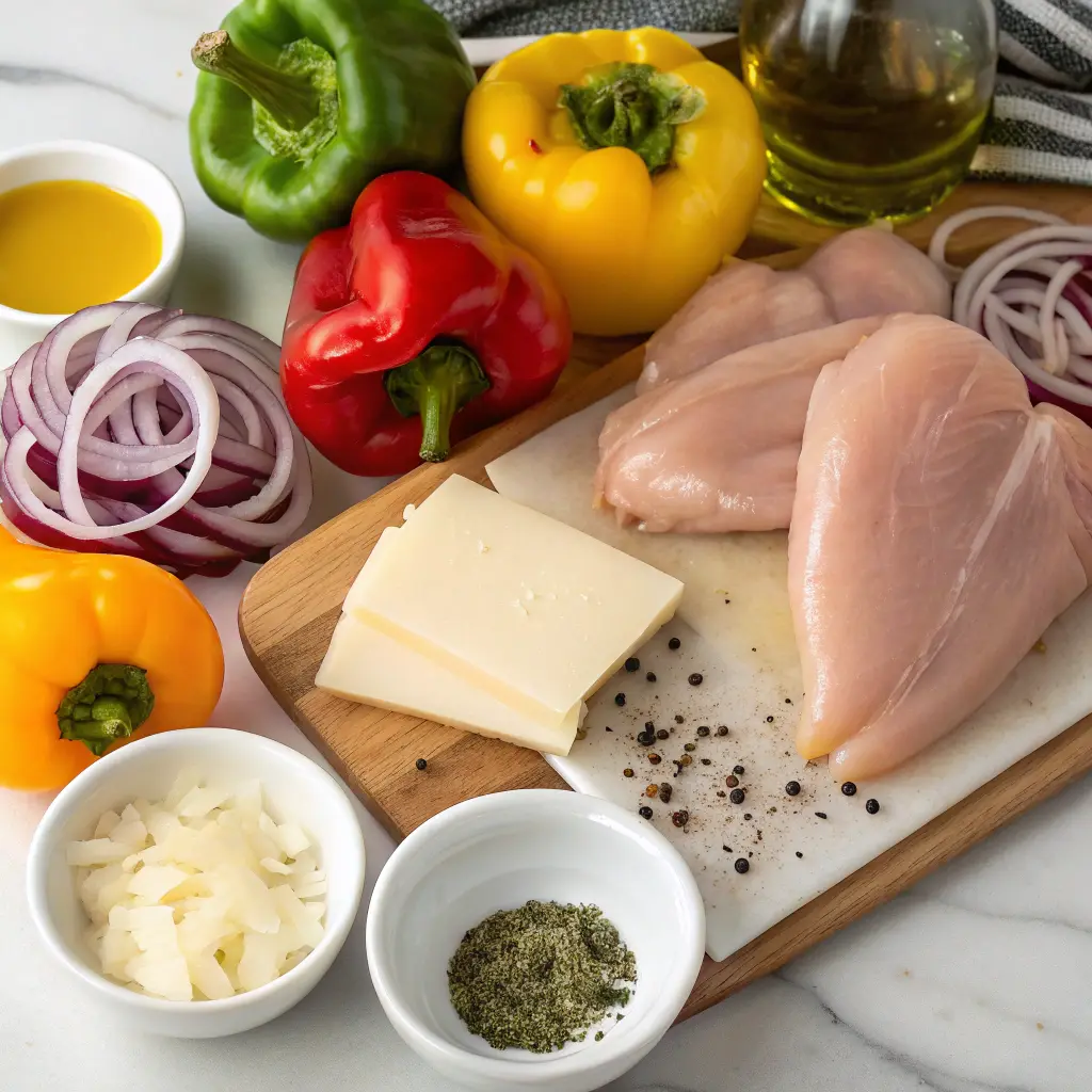 Ingredients for a Chicken Philly Cheesesteak include raw chicken breasts, bell peppers (red, yellow, green), red onion, sliced white cheese, olive oil, chopped onions, spices, and a small dish of yellow sauce.