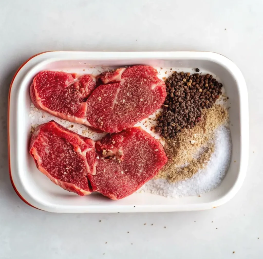 Two raw chuck steaks, lightly seasoned with spices, resting on a white rectangular tray next to piles of black peppercorns, coarse salt, and a lighter-colored spice blend.