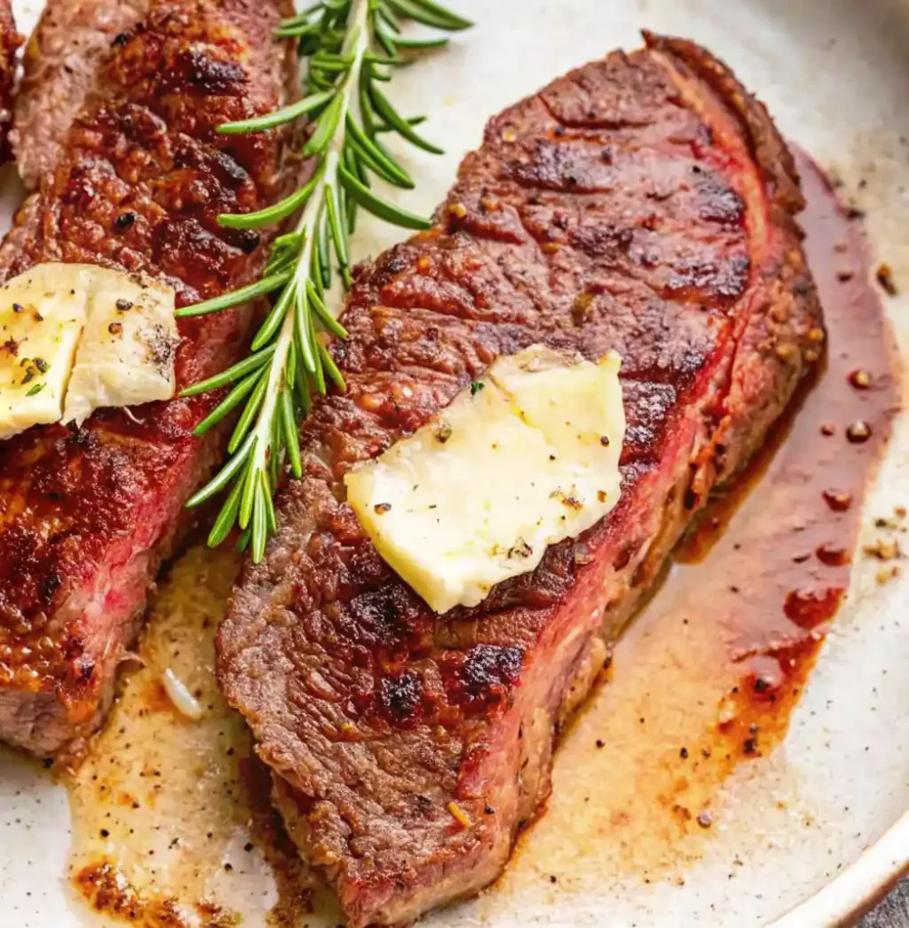 Two perfectly cooked Chuck Steak, medium rare, still in the pan with their juices, topped with melted herb butter and garnished with a sprig of fresh rosemary.