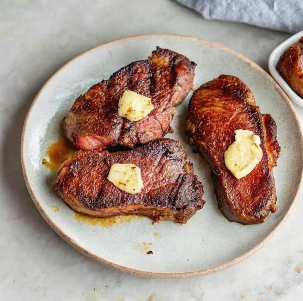 Three perfectly seared chuck steaks, boasting a rich brown crust, are plated on a light gray dish, each topped with a melting pat of butter.
