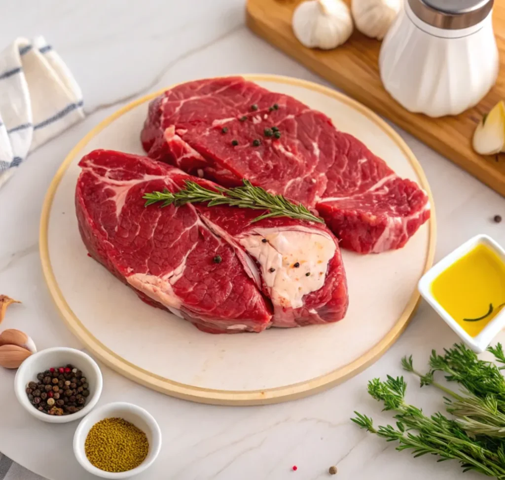 Two uncooked chuck steaks are presented on a circular cutting board, garnished with rosemary, surrounded by fresh garlic, peppercorns, olive oil, and herbs for cooking.