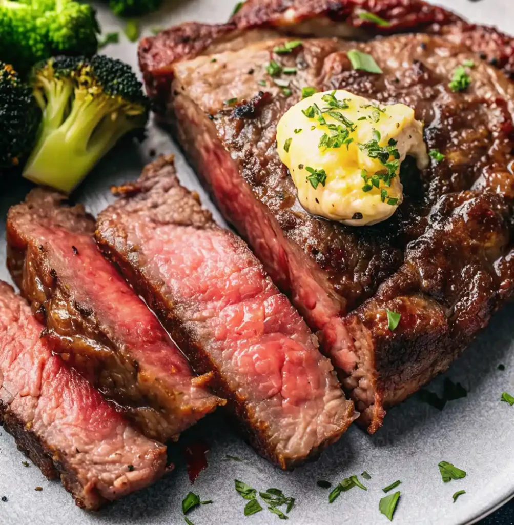 A thick, sliced chuck steak cooked medium-rare, topped with herb butter, is presented on a plate next to steamed broccoli, garnished with fresh parsley.