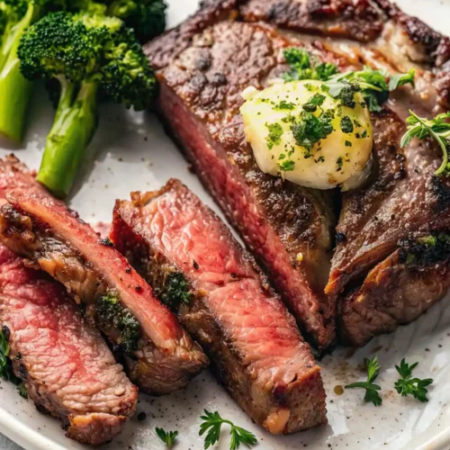 A thick, sliced chuck steak cooked medium-rare, topped with herb butter, is presented on a plate next to steamed broccoli, garnished with fresh parsley.