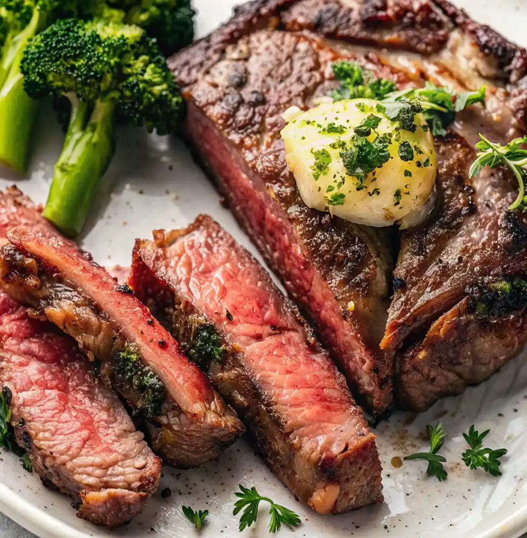A thick, sliced chuck steak cooked medium-rare, topped with herb butter, is presented on a plate next to steamed broccoli, garnished with fresh parsley.
