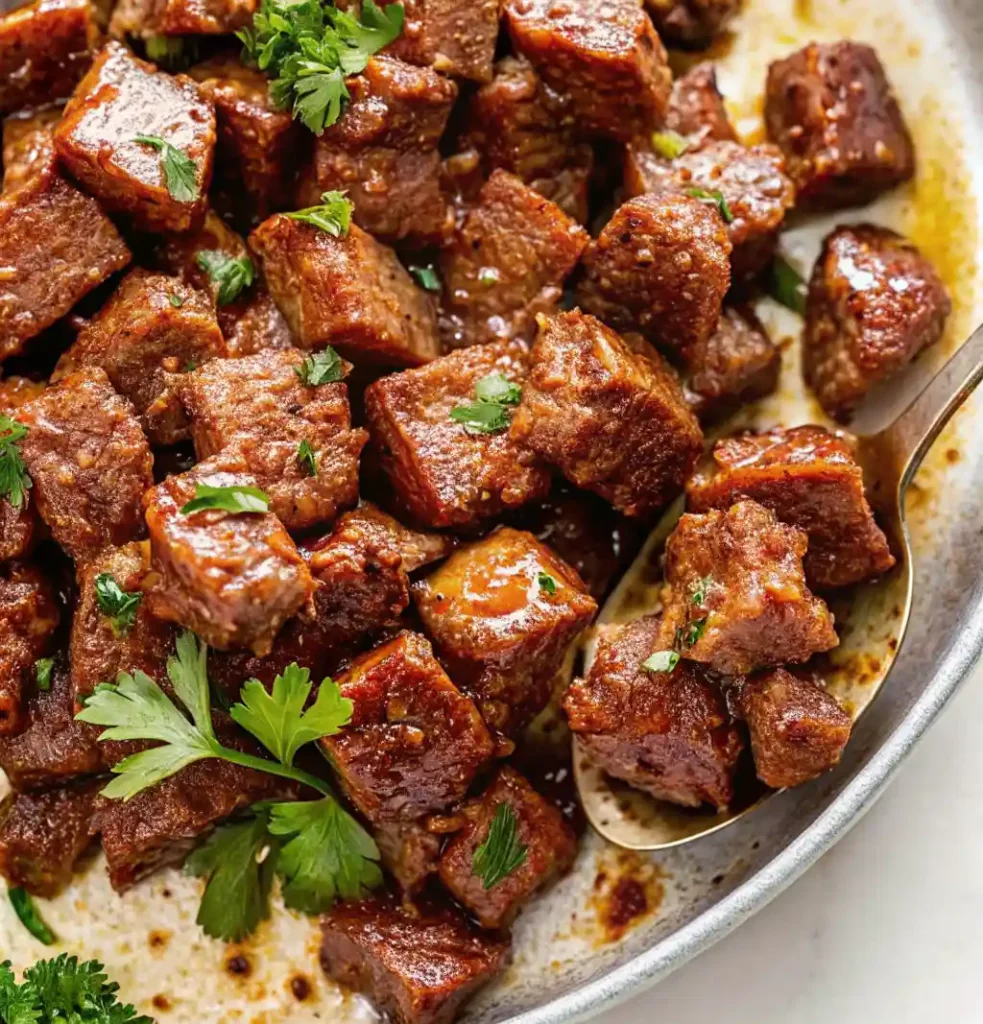Garlic-Butter Steak Bites: Tender, juicy cubes of steak, sautéed and glazed in a rich, savory garlic-butter sauce, and garnished with fresh parsley. Perfect for an appetizer or a quick, flavorful meal.