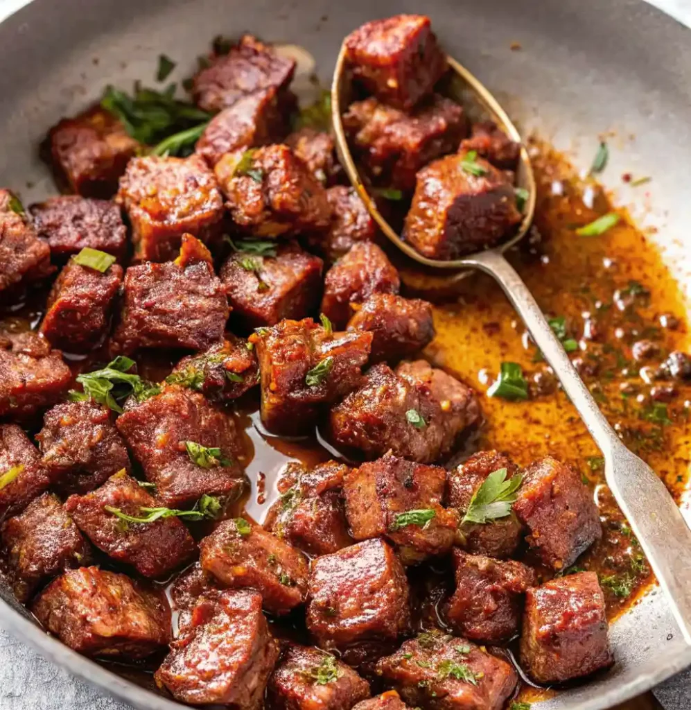 Garlic-Butter Steak Bites: Tender, juicy cubes of steak, sautéed and glazed in a rich, savory garlic-butter sauce, and garnished with fresh parsley. Perfect for an appetizer or a quick, flavorful meal.