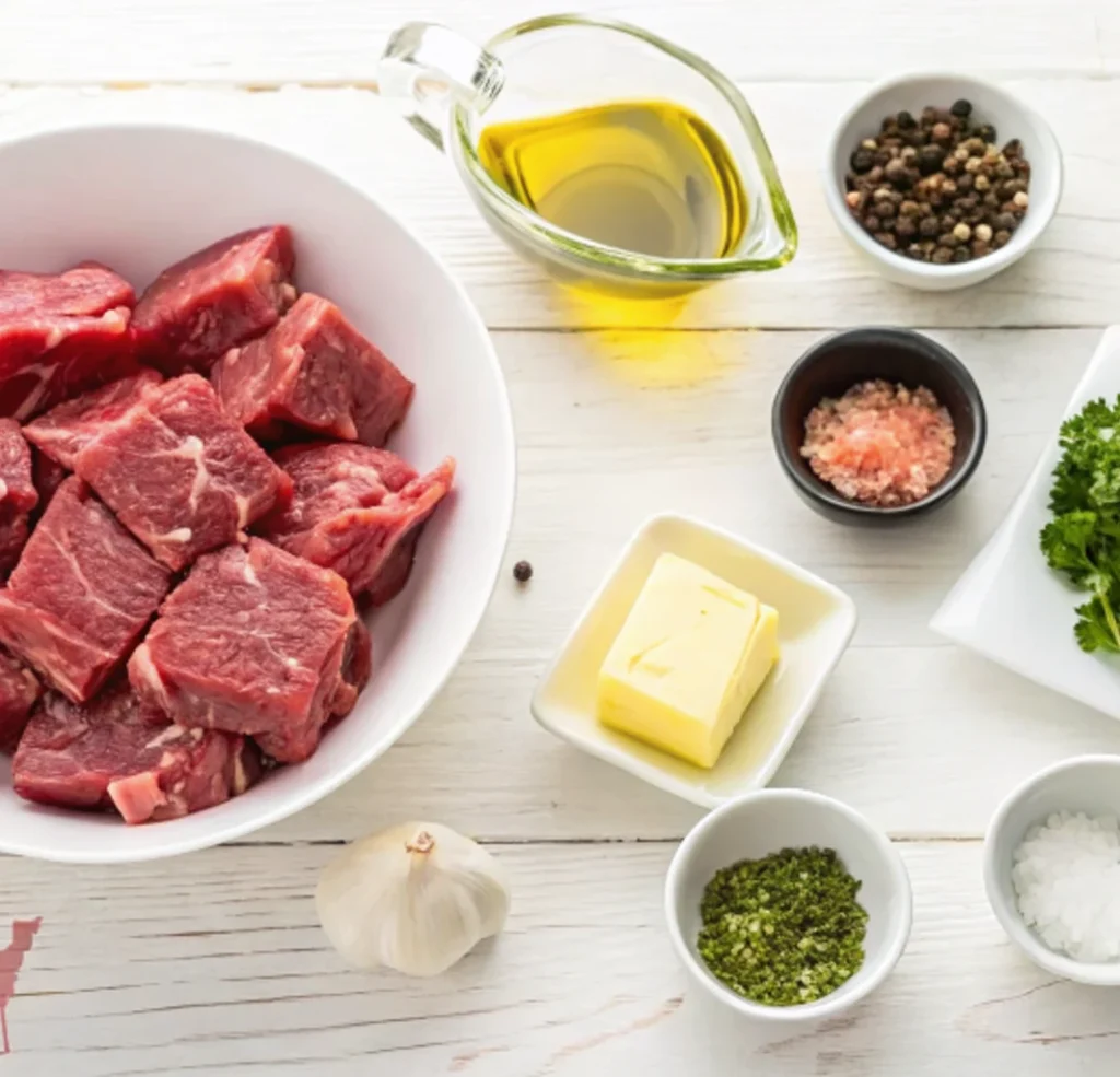 Ingredients for Garlic-Butter Steak Bites: Raw beef cubes in a white bowl, alongside olive oil, butter, a whole garlic bulb, seasonings (salt, pepper, dried herbs), and fresh parsley on a rustic white wood table.