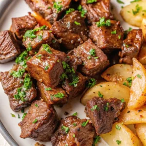 Garlic Butter Steak Bites : glossy steak cubes sprinkled with parsley, served on a white plate next to roasted potato wedges. A hearty and flavorful dish.
