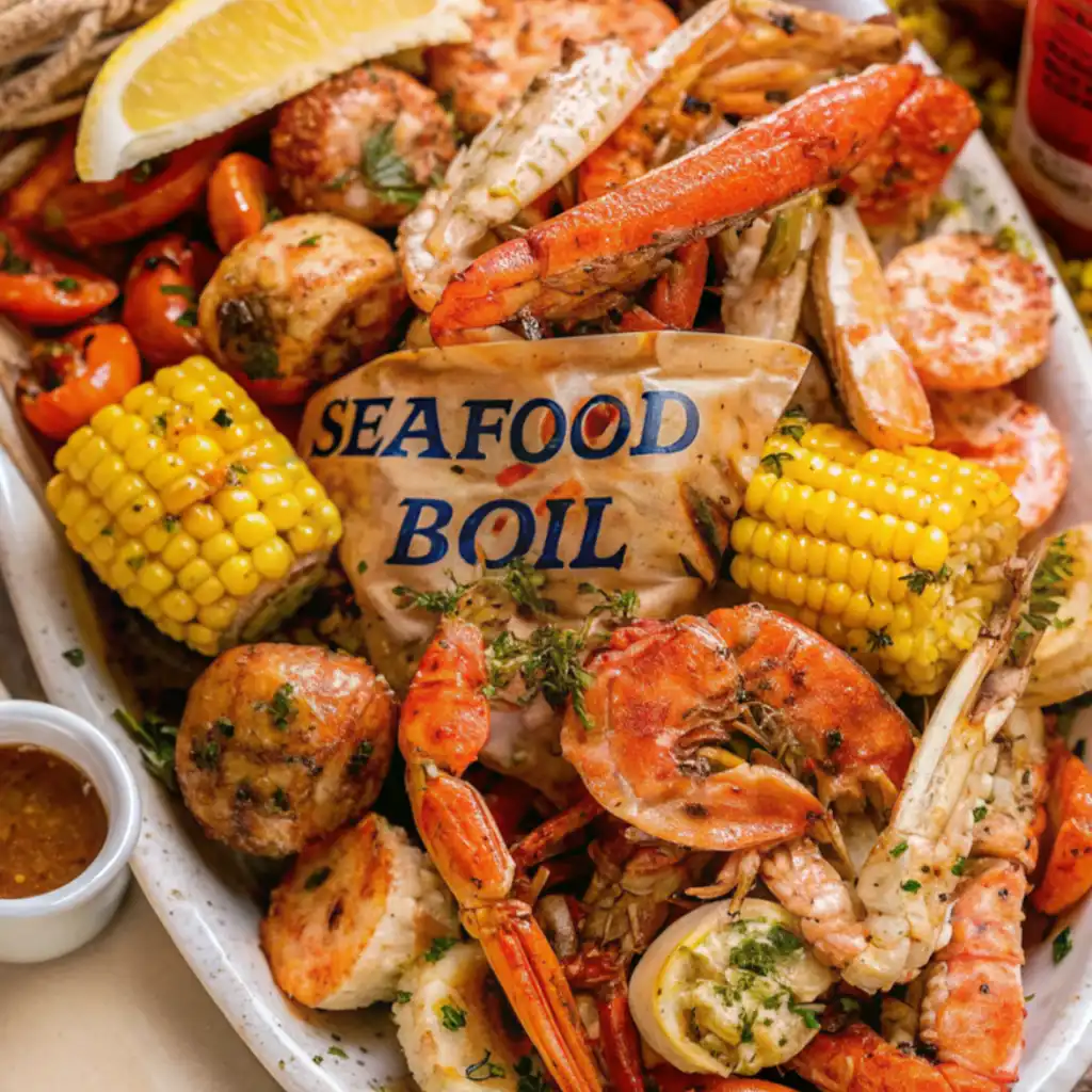 A complete Seafood Boil Bag recipe served on a platter, featuring a mix of crab legs, large shrimp, corn on the cob, potatoes, and sausage, with a lemon wedge visible on a small wrapper in the center.