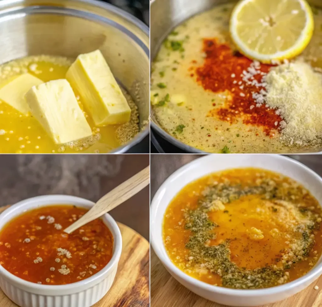 A collage showing the steps for making a seafood boil bag sauce: melting butter, adding seasoning (paprika and cheese) and a lemon slice, then two final images of the finished, seasoned, and vibrant orange butter sauce.
