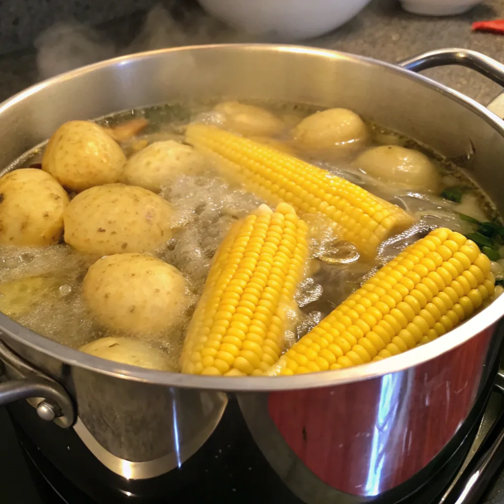 A stainless steel pot on a stove. Inside the pot are yellow potatoes and two bright yellow cobs of corn cooking for a seafood boil bag.