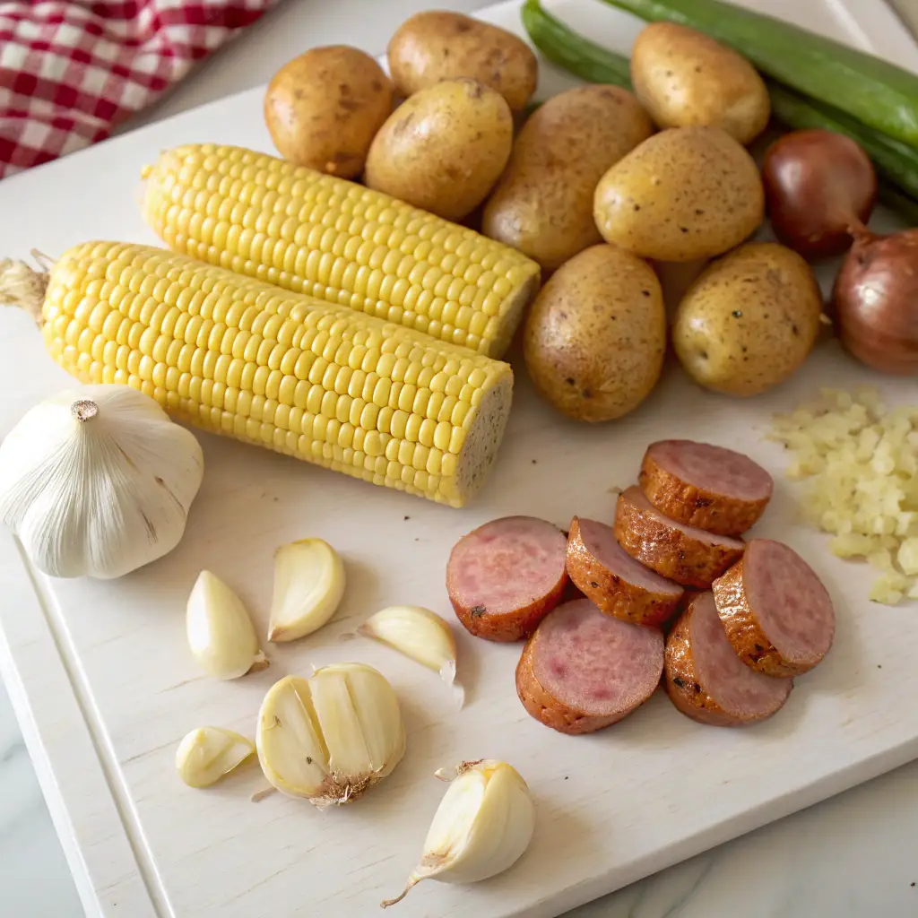 Ingredients for a Seafood Boil Bag out on a white cutting board, including small yellow potatoes, two corn cobs, sliced smoked sausage, a head of garlic, several cloves of garlic, chopped onions, and whole small onions.