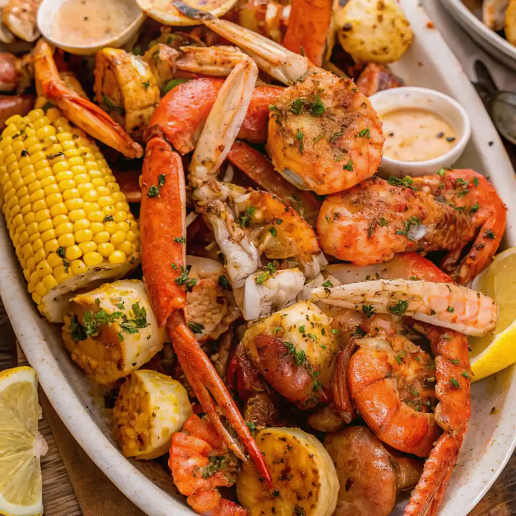 A complete Seafood Boil Bag recipe served on a platter, featuring a mix of crab legs, large shrimp, corn on the cob, potatoes, and sausage, with a lemon wedge visible on a small wrapper in the center.