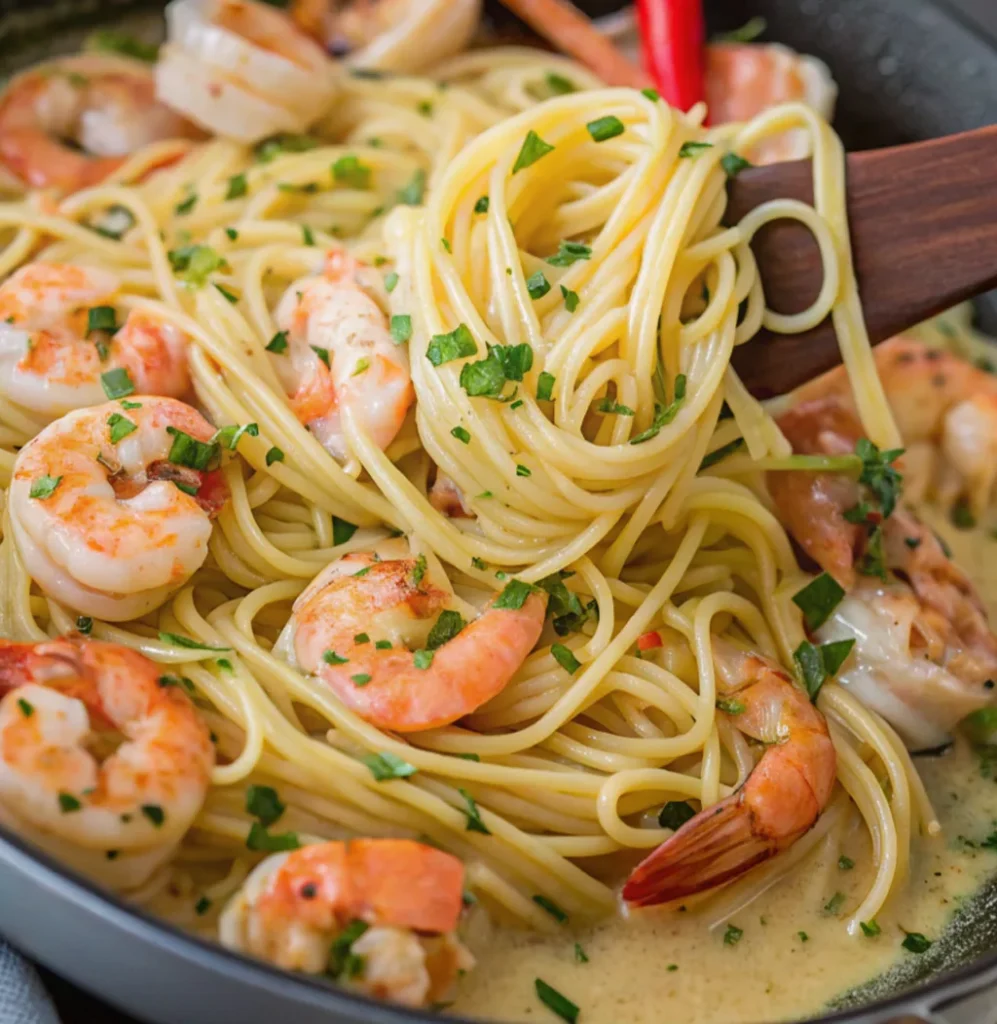 creamy, bright yellow shrimp linguine being lifted from a pan with a wooden spoon, garnished with fresh parsley and visible red chili peppers.