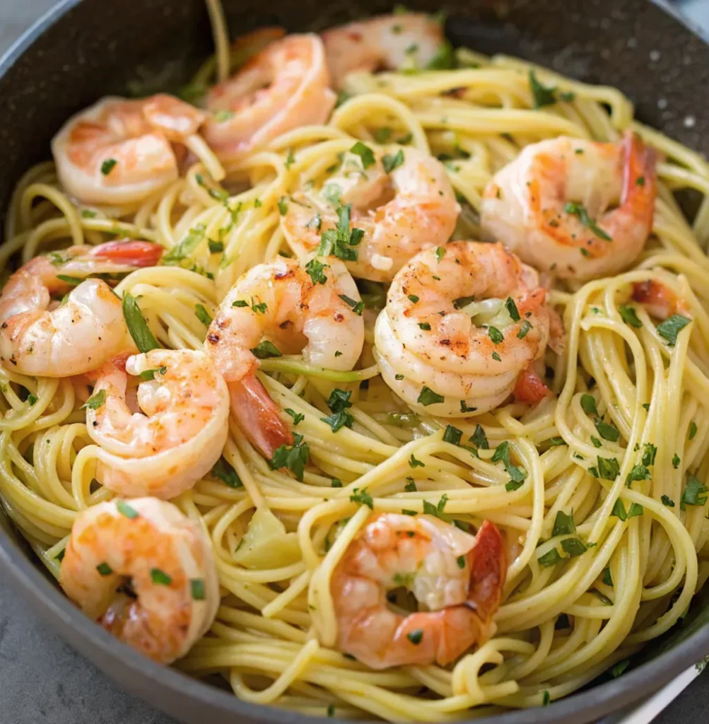 cooked shrimp linguine pasta tossed in a light sauce, generously garnished with chopped fresh parsley in a dark-colored pan.