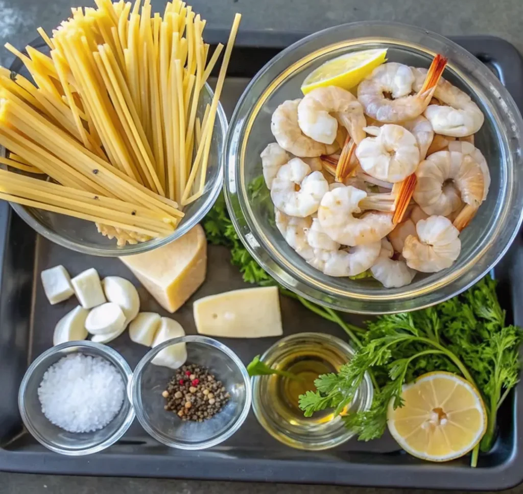 Ingredients for shrimp linguine recipe laid out on a black tray, including raw linguine, peeled shrimp, chunks of parmesan cheese, garlic, oil, salt, pepper, and lemon slices.