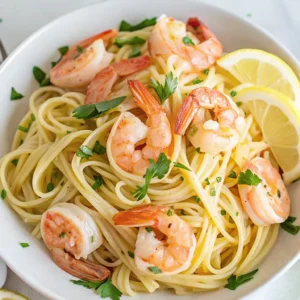 white bowl filled with cooked linguine pasta and large, pink shrimp, garnished with fresh parsley and two lemon slices.