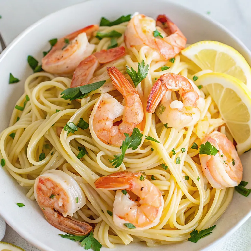 white bowl filled with cooked linguine pasta and large, pink shrimp, garnished with fresh parsley and two lemon slices.