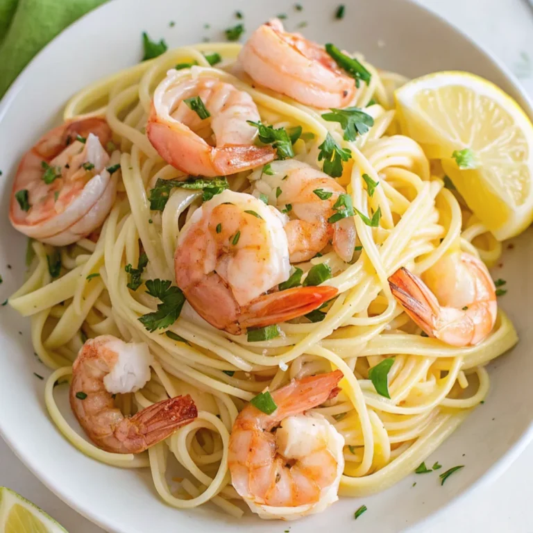 white bowl filled with cooked linguine pasta and large, pink shrimp, garnished with fresh parsley and two lemon slices.